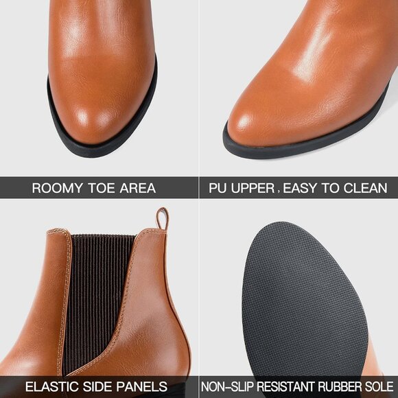 Women's Brown Chelsea Boots Chunky Block Heel Slip On Ankle Boots with Elastic - Picture 3 of 8